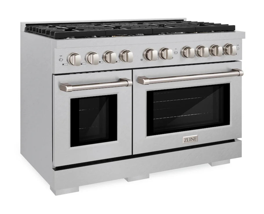 Side profile of ZLINE 48-inch 8-burner double oven gas range in DuraSnow stainless steel finish