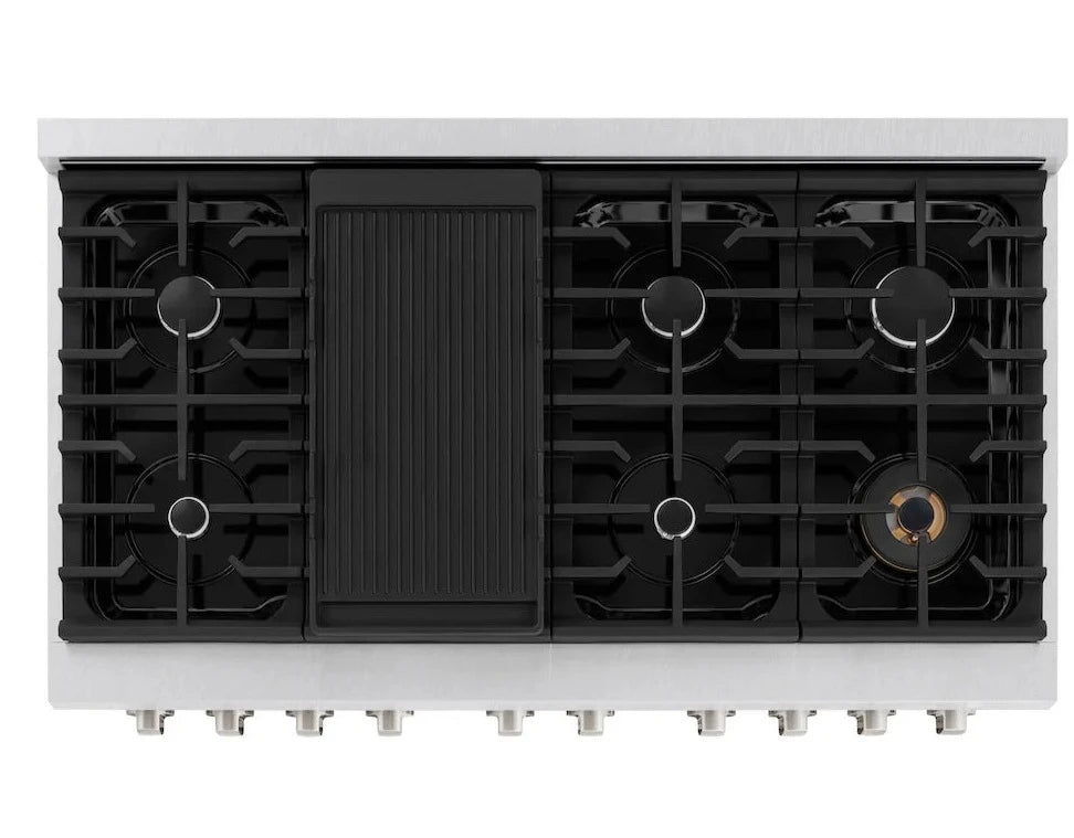 Top-down view of ZLINE 48-inch 8-burner double oven gas range in DuraSnow stainless steel finish.