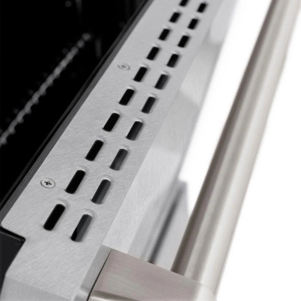 Close-up of the door detail of the ZLINE 48-inch double oven gas range.