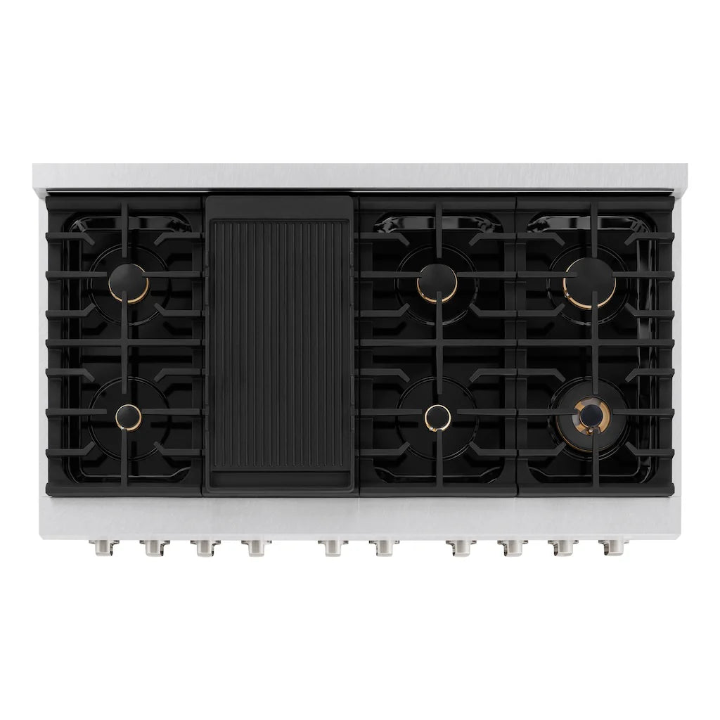Top view of ZLINE 48-inch double oven gas range in DuraSnow stainless steel featuring 8 brass burners and a central griddle.