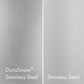 A side-by-side comparison of DuraSnow stainless steel and regular stainless steel surfaces. The DuraSnow stainless steel has a textured finish, while the regular stainless steel has a smooth finish