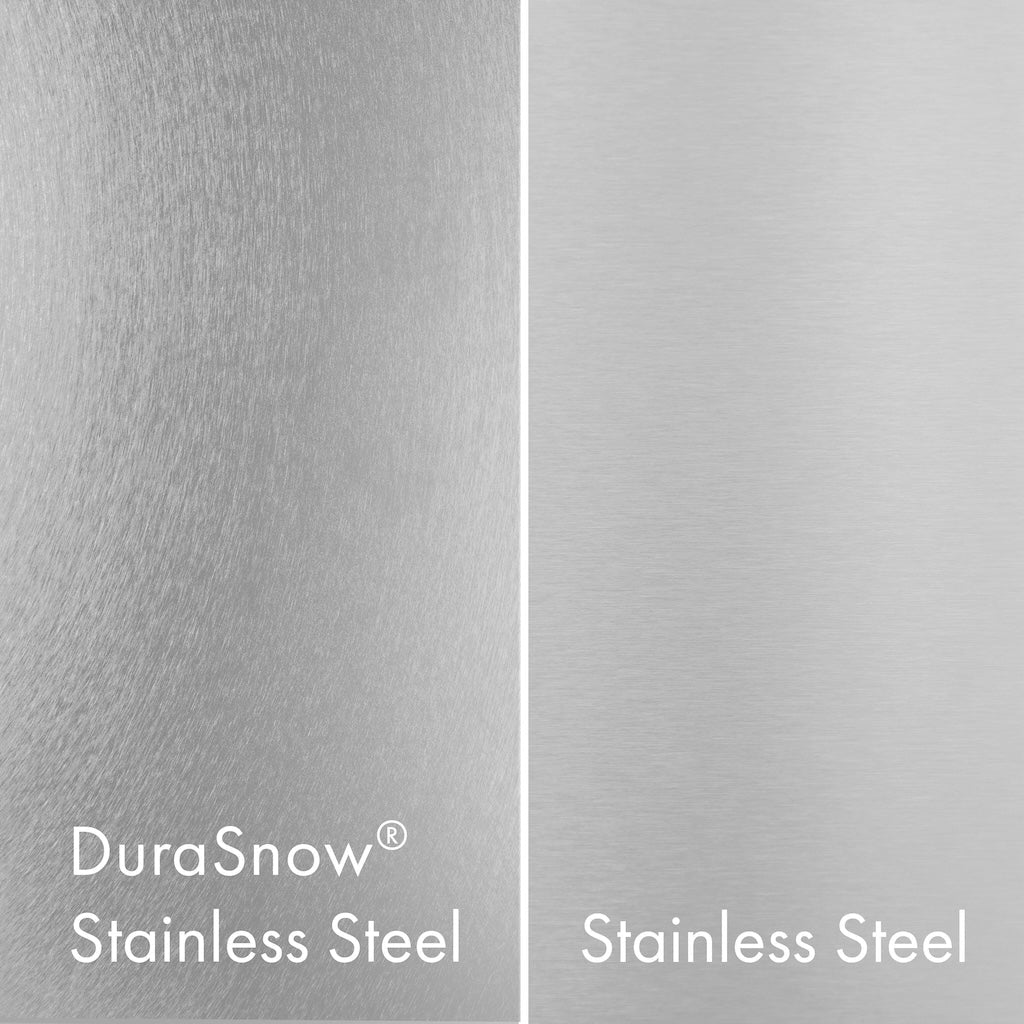 A side-by-side comparison of DuraSnow stainless steel and regular stainless steel surfaces. The DuraSnow stainless steel has a textured finish, while the regular stainless steel has a smooth finish
