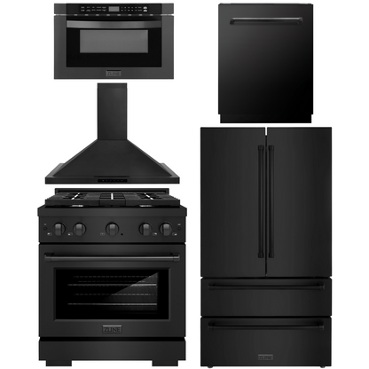 ZLINE Appliance Package - 30" Dual Fuel Range, Range Hood, 36" Refrigerator with Ice Maker, 24" Microwave Drawer and Dishwasher in Black Stainless Steel
