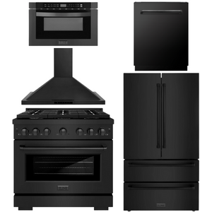 ZLINE Appliance Package - 36" Dual Fuel Range, Range Hood, 36" Refrigerator with Ice Maker, 24" Microwave Drawer and Dishwasher in Black Stainless Steel