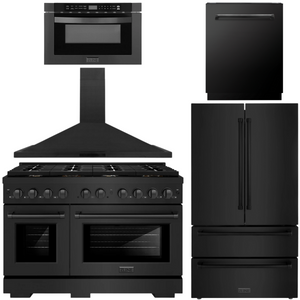 ZLINE Appliance Package - 48" Dual Fuel Range, Range Hood, 36" Refrigerator with Ice Maker, 24" Microwave Drawer and Dishwasher in Black Stainless Steel