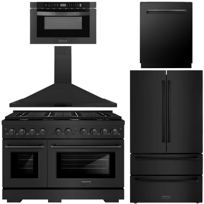 ZLINE Appliance Package - 48" Dual Fuel Range, Range Hood, 36" Refrigerator with Ice Maker, 24" Microwave Drawer and Dishwasher in Black Stainless Steel