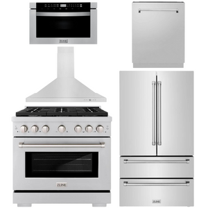 ZLINE Appliance Package - 36" Dual Fuel Range, Range Hood, 36" Refrigerator with Ice Maker, 24" Microwave Drawer and Dishwasher in Stainless Steel