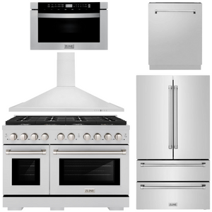 ZLINE Appliance Package - 48" Dual Fuel Range, Range Hood, 36" Refrigerator with Water/Ice Dispenser, 24" Microwave Drawer and Dishwasher in Stainless Steel