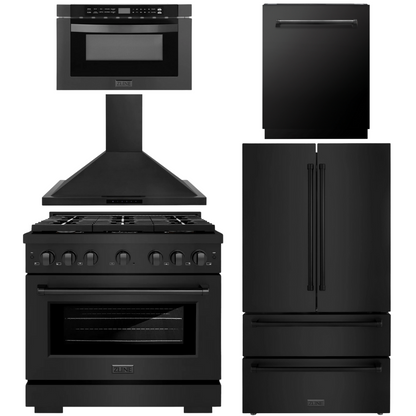 ZLINE Appliance Package - 36" Gas Range, Range Hood, 36" Refrigerator with Ice Maker, 24" Microwave Drawer and Dishwasher in Black Stainless Steel
