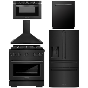 ZLINE Appliance Package - 30" Dual Fuel Range, Range Hood, 36" Refrigerator with Water/Ice Dispenser, 24" Microwave Drawer and Dishwasher in Black Stainless Steel