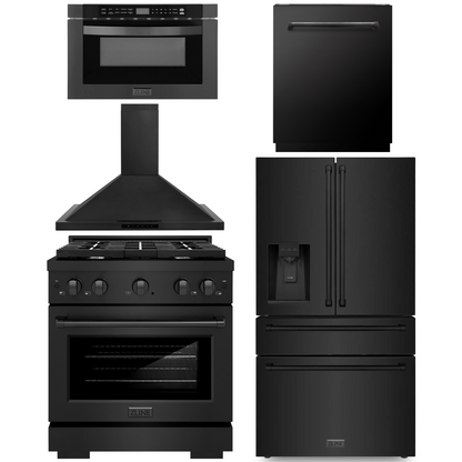 ZLINE Appliance Package - 30" Dual Fuel Range, Range Hood, 36" Refrigerator with Water/Ice Dispenser, 24" Microwave Drawer and Dishwasher in Black Stainless Steel