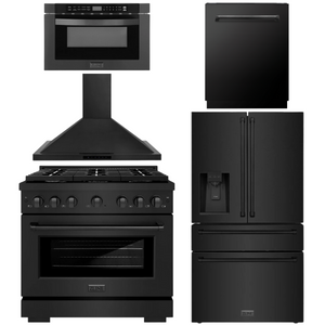 ZLINE Appliance Package - 36" Dual Fuel Range, Range Hood, 36" Refrigerator with Water/Ice Dispenser, 24" Microwave Drawer and Dishwasher in Black Stainless Steel