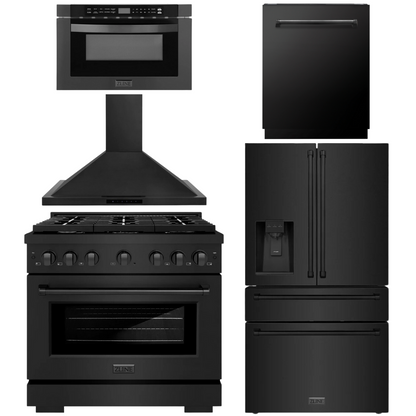 ZLINE Appliance Package - 36" Dual Fuel Range, Range Hood, 36" Refrigerator with Water/Ice Dispenser, 24" Microwave Drawer and Dishwasher in Black Stainless Steel