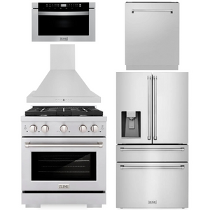 ZLINE Appliance Package - 30" Dual Fuel Range, Range Hood, 36" Refrigerator with Water/Ice Dispenser, 24" Microwave Drawer and Dishwasher in Stainless Steel