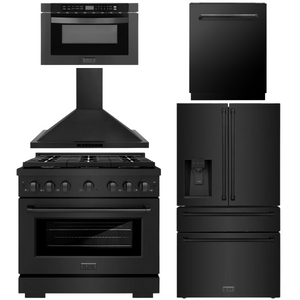 ZLINE Appliance Package - 36" Gas Range, Range Hood, 36" Refrigerator with Water/Ice Dispenser, 24" Microwave Drawer and Dishwasher in Black Stainless Steel