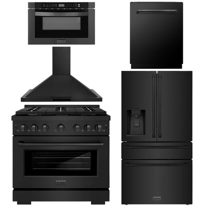 ZLINE Appliance Package - 36" Gas Range, Range Hood, 36" Refrigerator with Water/Ice Dispenser, 24" Microwave Drawer and Dishwasher in Black Stainless Steel