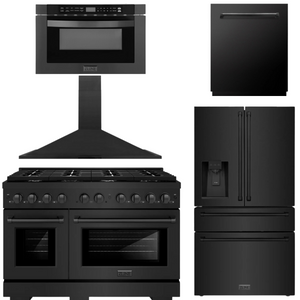 ZLINE Appliance Package - 48" Gas Range, Range Hood, 36" Refrigerator with Water/Ice Dispenser, 24" Microwave Drawer and Dishwasher in Black Stainless Steel