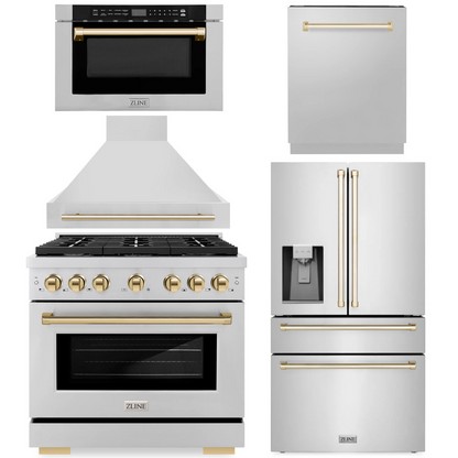 ZLINE Autograph Appliance Package - 36" Gas Range, Range Hood, 36" Refrigerator with Water/Ice Dispenser, 24" Microwave Drawer and Dishwasher in Stainless Steel with Polished Gold Accents