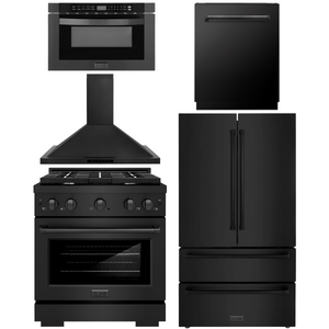 ZLINE Appliance Package - 30" Gas Range, Range Hood, 36" Refrigerator with Ice Maker, 24" Microwave Drawer and Dishwasher in Black Stainless Steel