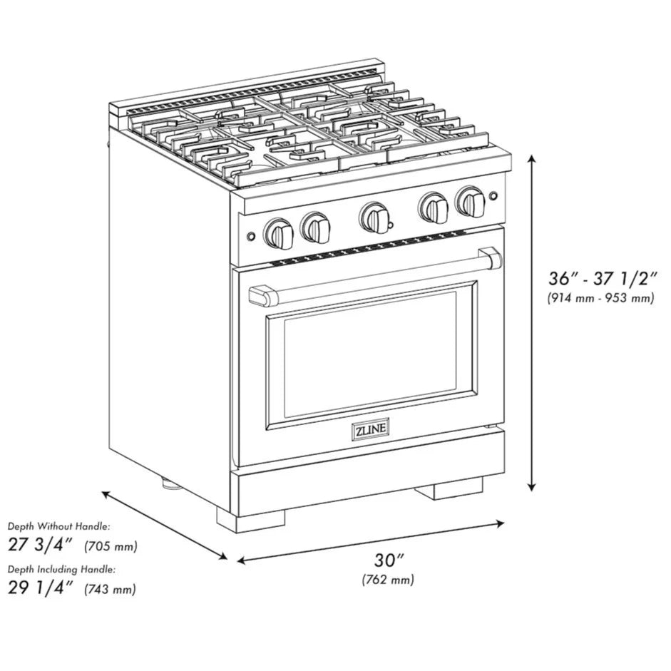 Dimensional drawing of the ZLINE Autograph Edition 30-inch 4.2 cu. ft. gas range with measurements