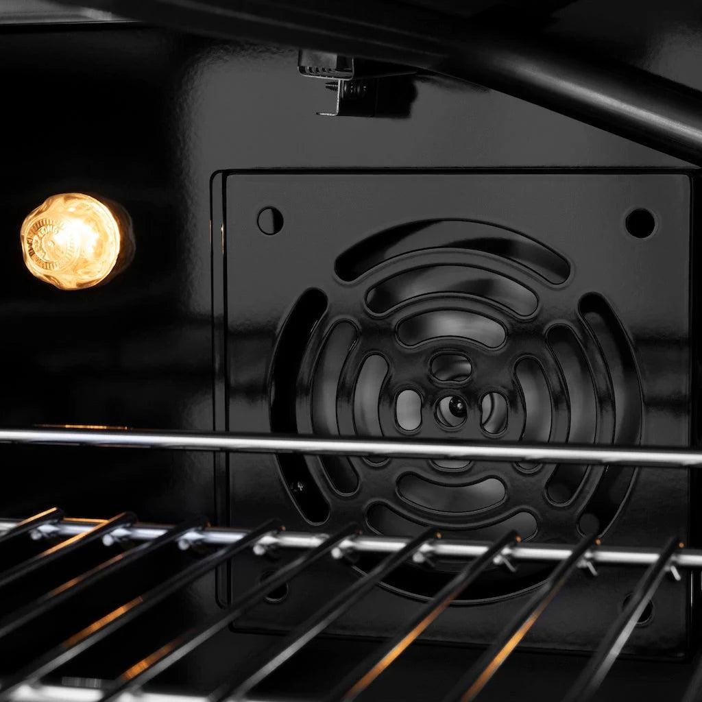 Interior view of the ZLINE gas range showing the convection fan and oven light.