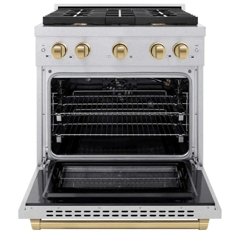 Front view of the ZLINE Autograph Edition gas range with the oven door open, showing oven racks