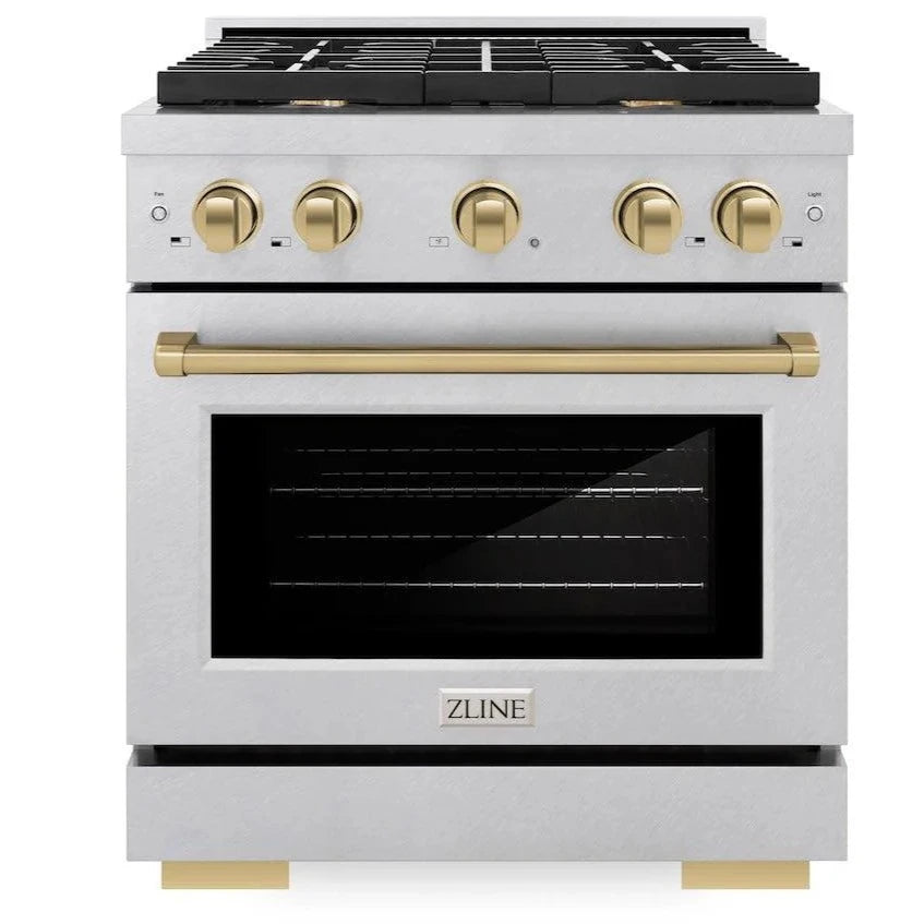 Front view of the ZLINE Autograph Edition 30-inch gas range with closed oven door, featuring champagne bronze accents