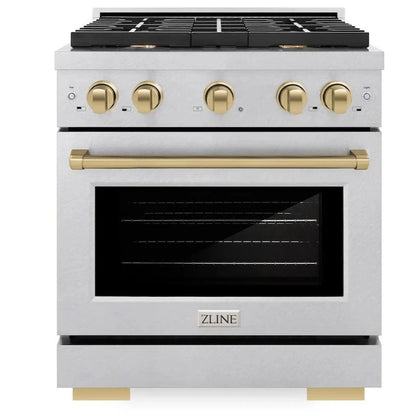 Front view of the ZLINE Autograph Edition 30-inch gas range with closed oven door, featuring champagne bronze accents