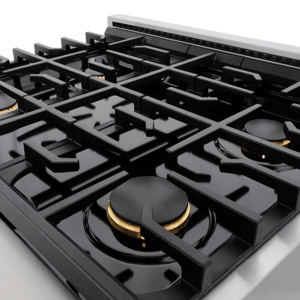 Top view of the ZLINE Autograph Edition gas range showing four burners and cast iron grates