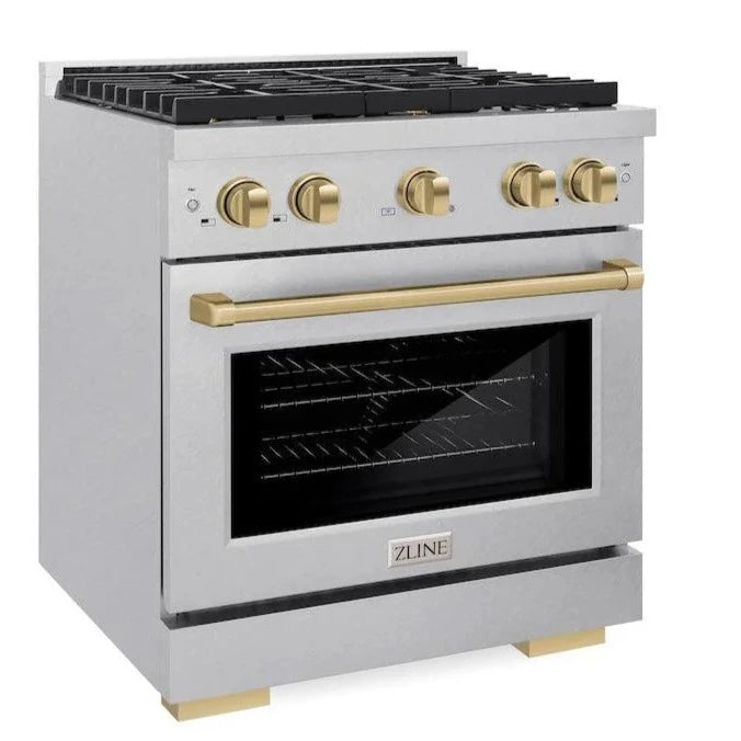 ZLINE Autograph Edition 30-inch gas range in DuraSnow stainless steel with champagne bronze accents