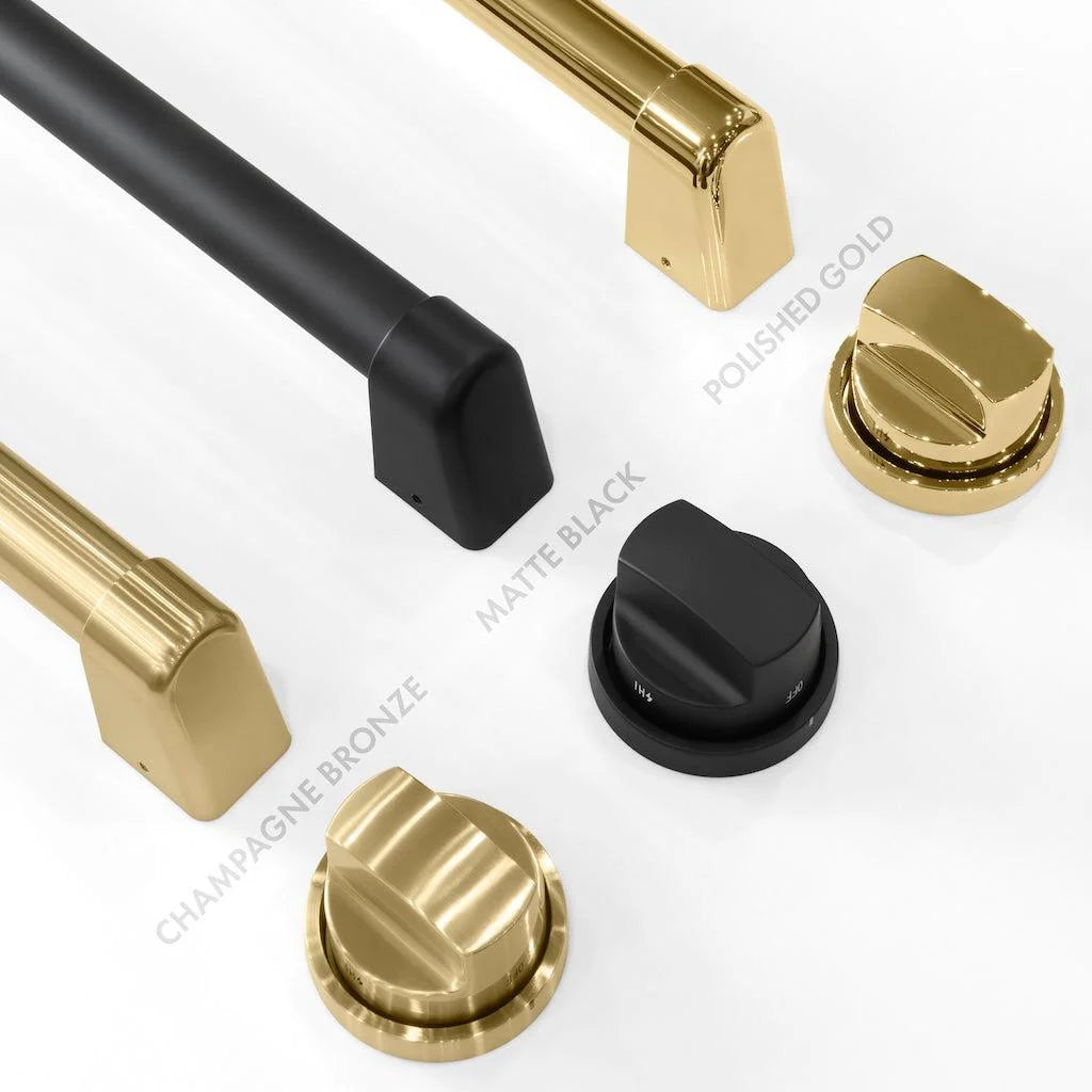 Comparison of different handle and knob finishes for the ZLINE gas range, including champagne bronze, matte black, and polished gold