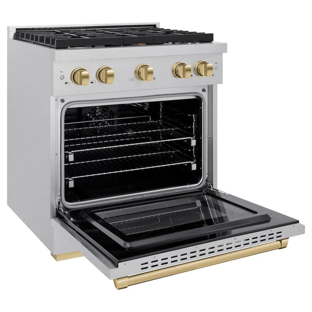 ZLINE Autograph Edition gas range with the main oven door open, showing the interior oven space