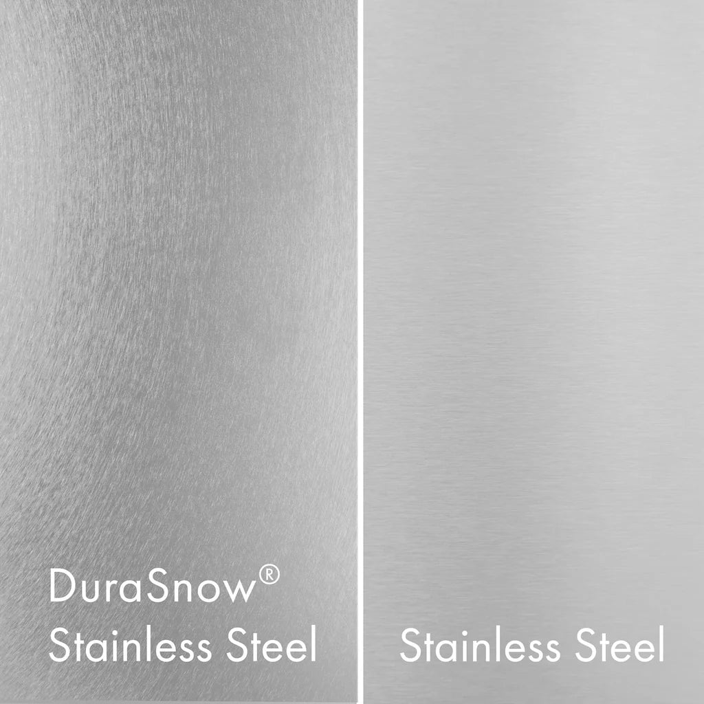 Comparison image showing DuraSnow® stainless steel on the left and standard stainless steel on the right, highlighting the difference in texture and finish.