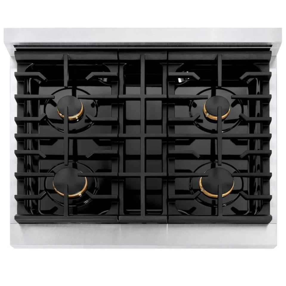 Top view of the ZLINE Autograph Edition 30-inch gas range featuring four burners with black and champagne bronze accents and a sleek stainless steel finish
