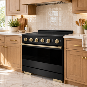 ZLINE Autograph 36 in. 5.2 cu. ft. Marino Induction Range with 5 Element Cooktop and Electric Convection Oven in Black Stainless Steel with Champagne Bronze Accents, MINRBZ-36-CB