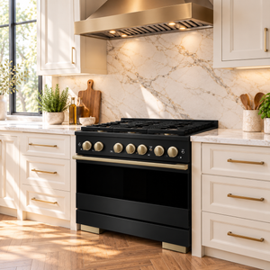 ZLINE Autograph 36 in. 5.2 cu. ft. Marino Dual Fuel Range with 6 Burner DuoPro™ Cooktop and Electric Convection Oven in Black Stainless Steel and Champagne Bronze Accents, PMDRBZ-36-CB