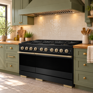 ZLINE Autograph 48 in. 6.7 cu. ft. Marino Dual Fuel Range with 8 Burner DuoPro™ Cooktop and Dual Ovens in Black Stainless Steel and Champagne Bronze Accents, PMDRBZ-48-CB