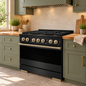 ZLINE Autograph 36 in. 5.2 cu. ft. Marino Gas Range with 6 Burner DuoPro™ Cooktop and Gas Oven in Black Stainless Steel and Champagne Bronze Accents, PMGRBZ-36-CB