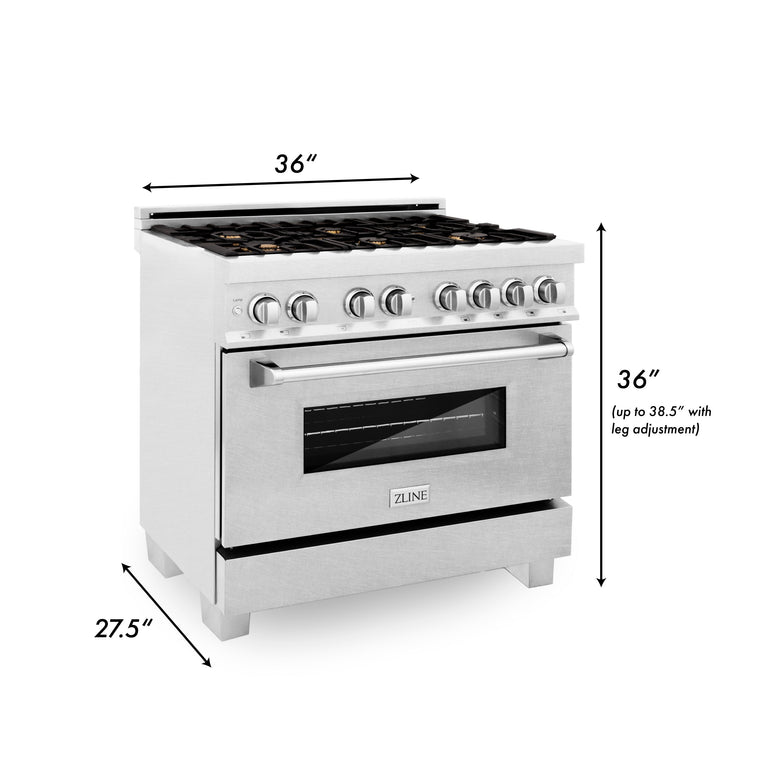ZLINE 36" 4.6 cu. ft. Gas Burner, Electric Oven with Griddle and Brass Burners in DuraSnow® Stainless Steel, RAS-SN-BR-GR-36