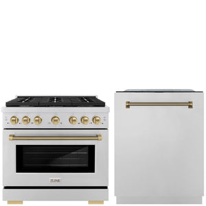 ZLINE Autograph Package - 36" Dual Fuel Range, Tall Tub Dishwasher in Stainless Steel with Champagne Bronze Helix Accents, 2KAP-DF36DW-CB