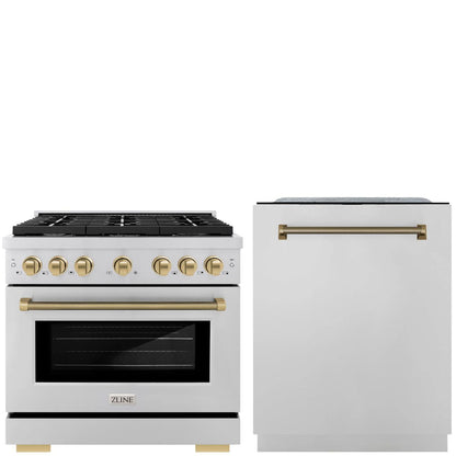 ZLINE Autograph Package - 36" Dual Fuel Range, Tall Tub Dishwasher in Stainless Steel with Champagne Bronze Helix Accents, 2KAP-DF36DW-CB