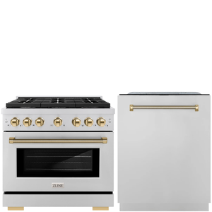 ZLINE Autograph Package - 36" Dual Fuel Range, Tall Tub Dishwasher in Stainless Steel with Polished Gold Helix Accents, 2KAP-DF36DW-G