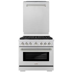 ZLINE Autograph Package - 36" Dual Fuel Range, Tall Tub Dishwasher in Stainless Steel with Polished Nickel Helix Accents, 2KAP-DF36DW-PN