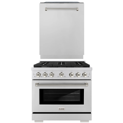 ZLINE Autograph Package - 36" Dual Fuel Range, Tall Tub Dishwasher in Stainless Steel with Polished Nickel Helix Accents, 2KAP-DF36DW-PN