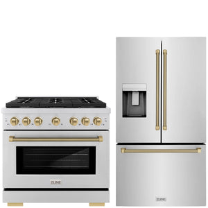 ZLINE Autograph Package - 36" Dual Fuel Range, 36" French Door Refrigerator in Stainless Steel with Champagne Bronze Helix Accents, 2KAP-DF36RF-CB
