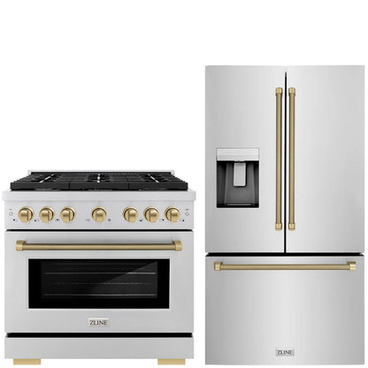 ZLINE Autograph Package - 36" Dual Fuel Range, 36" French Door Refrigerator in Stainless Steel with Champagne Bronze Helix Accents, 2KAP-DF36RF-CB
