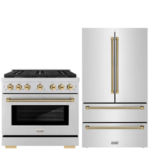 ZLINE Autograph Package - 36" Dual Fuel Range, 36" French Door Refrigerator in Stainless Steel with Polished Gold Helix Accents, 2KAP-DF36RF-G