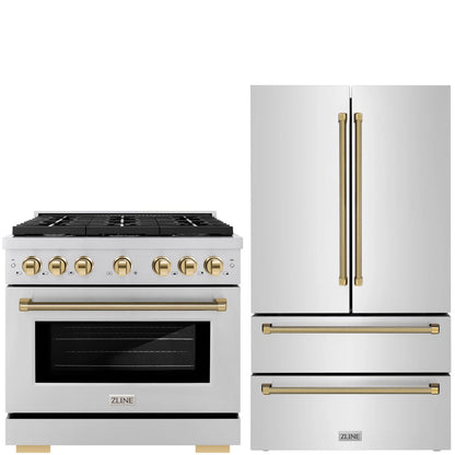 ZLINE Autograph Package - 36" Dual Fuel Range, 36" French Door Refrigerator in Stainless Steel with Polished Gold Helix Accents, 2KAP-DF36RF-G
