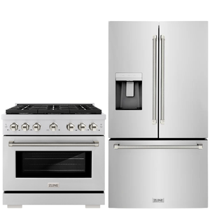 ZLINE Autograph Package - 36" Dual Fuel Range, 36" French Door Refrigerator in Stainless Steel with Polished Nickel Helix Accents, 2KAP-DF36RF-PN
