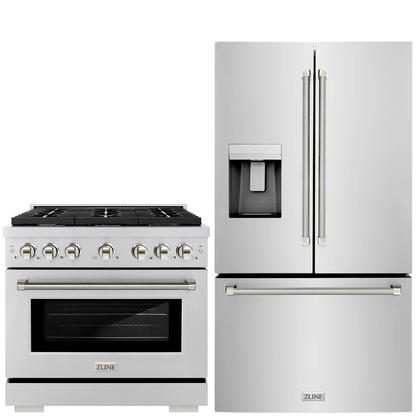 ZLINE Autograph Package - 36" Dual Fuel Range, 36" French Door Refrigerator in Stainless Steel with Polished Nickel Helix Accents, 2KAP-DF36RF-PN